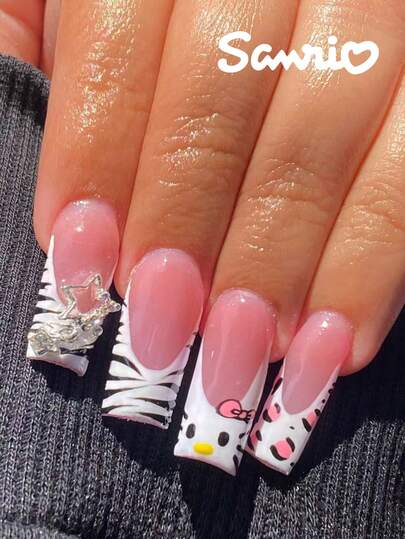 SANRIO 24 piezas de uñas postizas de ataúd medianas con diseño de estampado de leopardo blanco y puntas francesas - Decoración 3D linda con estrellas 3D y diseño de lazo que se ajusta perfectamente al set de uñas acrílicas falsas. Adecuado para fiestas diarias, reuniones y ocasiones especiales. Incluye 1 pieza de pegamento de gelatina y 1 pieza de lima de uñas.