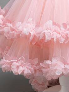 Luxury Children's Puffy Skirt, Off-Shoulder Floral Dress, Young Girl Birthday Party Trailing Dress - Pink - View 9
