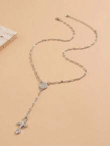 1pc Fashionable Elegant Virgin Mary Embossed Y-Shape Long Necklace, Vintage Religious Cross Pendant Sweater Chain For Women, Suitable For Daily Wear And Gatherings - 銀色 - 查看 4