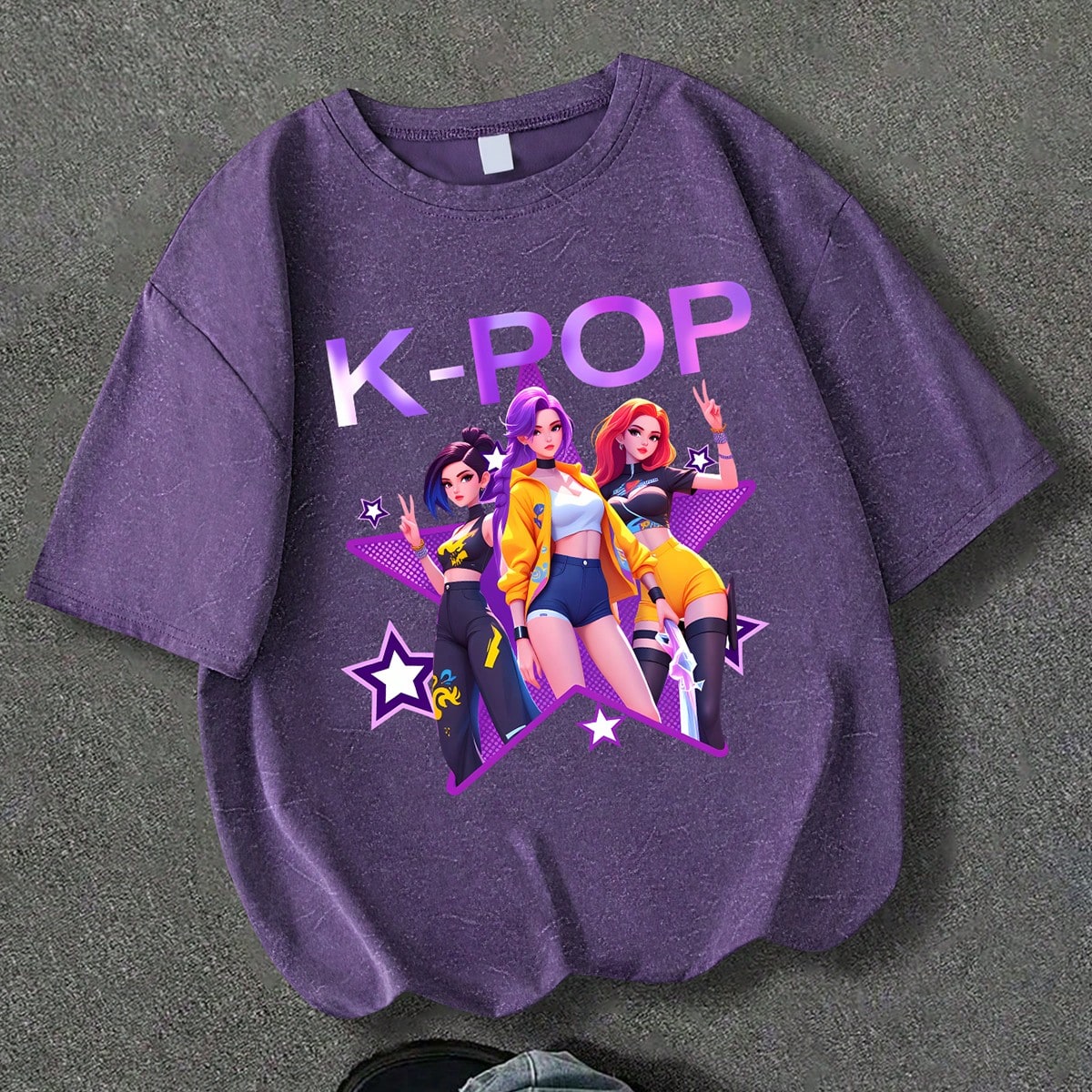 Camiseta estilo K-POP lavada en púrpura para adolescentes, con estampado gráfico de grupo de chicas de dibujos animados y "K-POP", de corte holgado