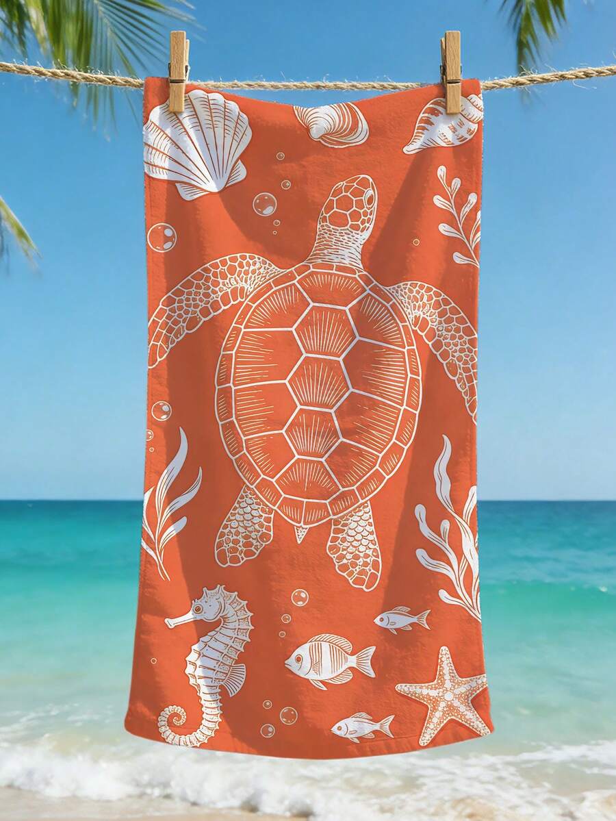 1pc Refreshing Ocean Style Sea Towel, White Outline Ocean Creature Print On Orange Background, Quick-Dry Absorbent Beach/Pool Towel, Perfect For Vacation & Photo Shoot - Multicolor - View 1
