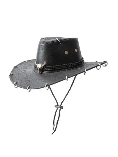 1PC Men's Women's Unisex Solid Color PU Leather Cowboy Hat, Unique 3D Metal Bull With Sun Protection Sunshade Hat, New Vintage Style Cyberpunk Personality Fashion Cool Novelty Punk Style Adjustable Rope Wide Brim Hat, Street Fashion Looks Street Style, Gift For Men, Suitable For Parties, Western Theme Events, Gatherings, Cosplay, Graduation Ceremonies, Masquerades, Festivals, Birthday Celebrations, Music Festivals, Travel, And Hiking Wear