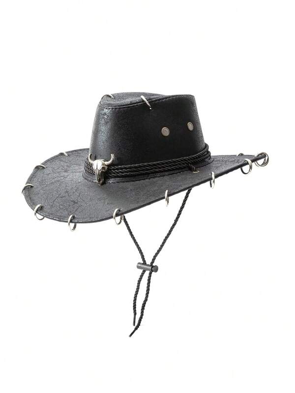 1PC Men's Women's Unisex Solid Color PU Leather Cowboy Hat, Unique 3D Metal Bull With Sun Protection Sunshade Hat, New Vintage Style Cyberpunk Personality Fashion Cool Novelty Punk Style Adjustable Rope Wide Brim Hat, Street Fashion Looks Street Style, Gift For Men, Suitable For Parties, Western Theme Events, Gatherings, Cosplay, Graduation Ceremonies, Masquerades, Festivals, Birthday Celebrations, Music Festivals, Travel, And Hiking Wear