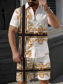 A Set Of Men's Short-Sleeve Cuban-Collar Shirt And Beach Pants, Refined And Luxurious, Woven Fabric, Breathable And Comfortable, For Brother, Suitable For Light Business Trips In Summer, White, Brown And Gold Baroque Frame Print - Nhiều màu - Xem 2
