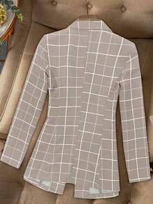 Women's Front Button Notched Collar Long Sleeve Plaid Casual Blazer Spring - Apricot - View 2