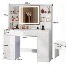 Habitdesign Vanity Tocador con Espejo y Luces, Tocador para Recamara con 3 Cajones y 2 Armario, Estantes Ocultos, Tocador de Maquillaje con Estación de Carga Escritorio - Blanco - Ver 3