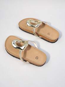 1 Pair Girls' Soft Cork Bed Flip Flops, Non-Slip Wear-Resistant Beach Sandals (Sole/Insole Color Random) - Gold - View 6