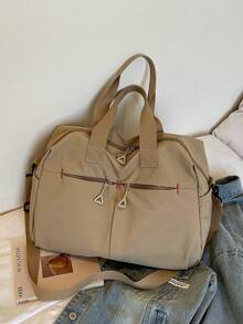 1 chiếc túi du lịch/đi làm cuối tuần bằng nylon màu kaki phối chỉ tương phản, dung tích lớn, khóa kéo. - Nhiều màu - Xem 7