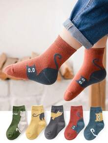 5pairs/Set Cartoon Cat Pattern Mid-Calf Socks For Baby Boys, Girls And Kids, All Seasons - Multicolor - View 12