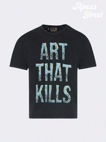 Gallery "Cream Orange" Shirt, Cotton Printed T-Shirt,Men's Graphic Stylish Design T-Shirt,Vintage Casual Hip-Hop Style For Outdoor Leisure Activities - 黑色 3 - 查看 2
