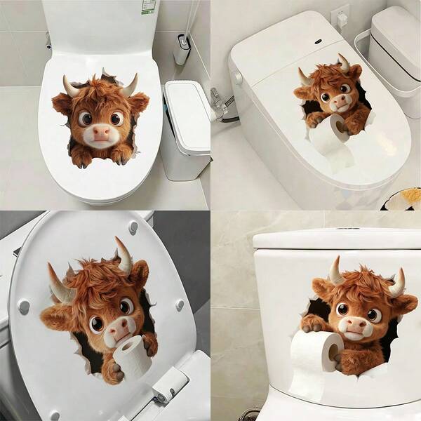 1/3pcs Highland Cow Toilet Sticker, Realistic Furry Brown Cow Hole Wall Decal, Waterproof Removable PVC Decorative Sticker, Suitable For Bathroom, Toilet, Home Decor