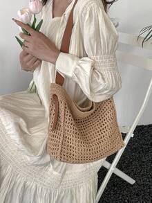 Nueva bolsa de mano minimalista tejida y calada, de gran capacidad, bolso de hombro único y de alta gama, perfecto para vacaciones y viajes diarios. - Marrón - Ver 4