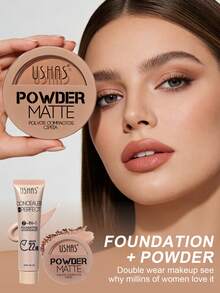 USHAS 二合一粉底蜜粉套装，哑光粉底，遮盖肌肤瑕疵，完美肤色，持久防水妆容 - #05 Cool Porcelain Beige - 查看 2