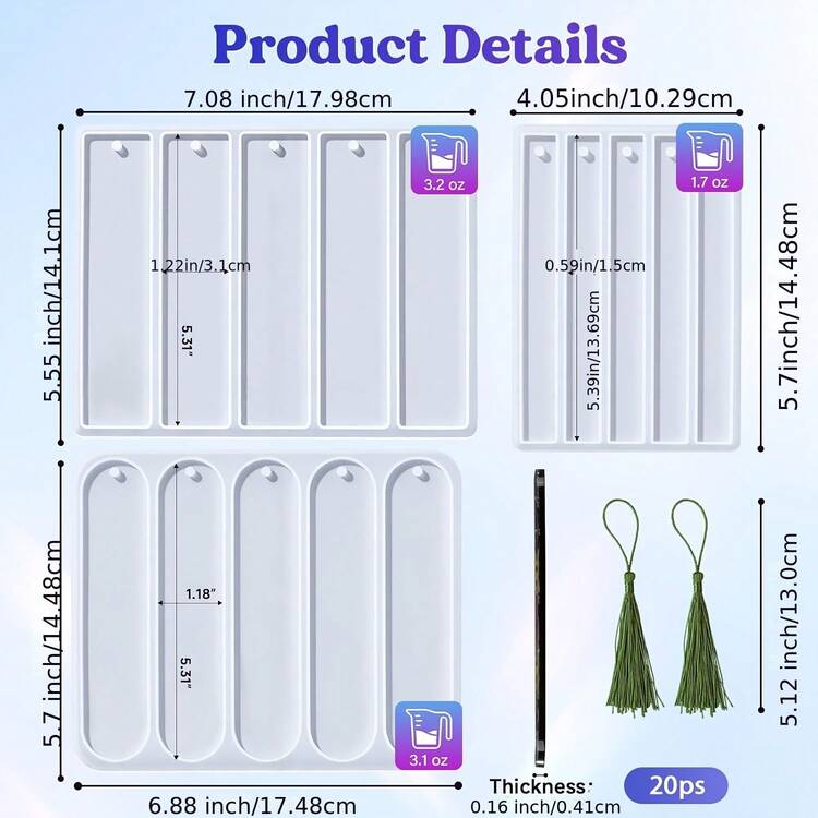 3pcs Silicone Bookmark Mold Set, 3 Shapes, With 20 Tassels, Suitable For Epoxy Resin, Rectangular Bookmark Resin Mold, For Handmade Craft Bookmarks And Gifts - Milky White/silicone - View 9