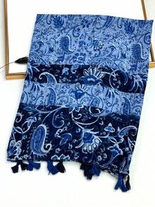 1pc Simple Printed Scarf, Lightweight Breathable Tassel Shawl, Elegant Style Fashion Women Silk Scarf, Versatile Large Scarf For Spring/Summer, Outdoor Sun Protection Beach Wrap,Travel Essential,Holiday - Navy Blue - View 5