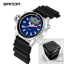 SANDA. SANDA Men's Retro Sports Electronic Watch, Dual Display Dial, Multi-Function Digital Wristwatch, Suitable For Outdoor And Daily Wear - Silver - View 11