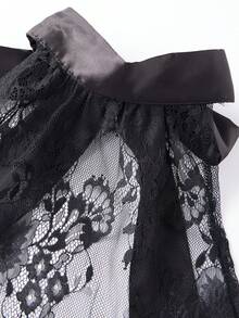 Top de encaje para mujer, elegante, de color liso, de malla transparente, ajustado, sin espalda, sin mangas. - Negro - Ver 7