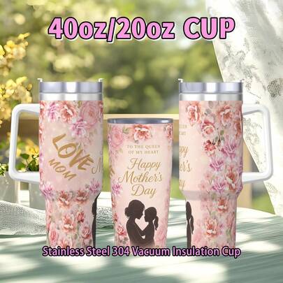 1pc 40oz/20oz Stainless Steel Insulated Tumbler, Mother's Day Theme Pattern, Large Capacity Leak-Proof With Straw, Suitable For Hot & Cold Drinks, Travel, Office, Car, Home, Ideal For Daily Use, Reusable, Great Gift For Mother's Day And Other Holidays