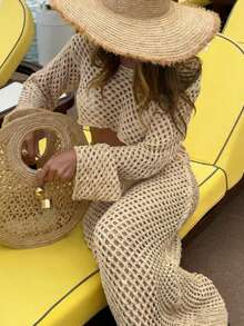 Conjunto de ropa de playa casual para mujer, top calado y falda, primavera - Albaricoque - Ver 6