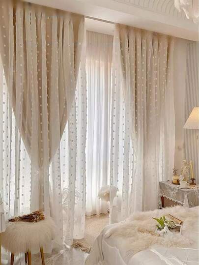 1片双层遮光窗帘，法式奶油色，3D浪漫蕾丝薄纱，隔热，遮阳，客厅卧室窗帘装饰，保护隐私，顶部挂环，安装简便