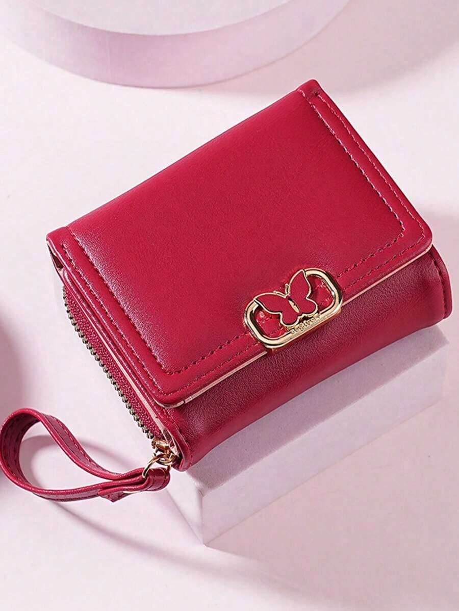Women Short Zipper Tri-Fold Wallet With Butterfly Metal Decor Fashion New Multi-Card Slot Handheld Coin Purse Wallet Purse Wallet Mini Wallet Small Wallet - màu đen - Xem 1
