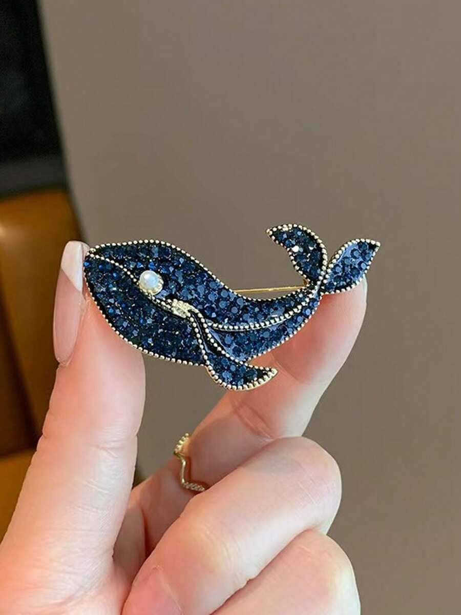 Luxury Blue Whale Brooch, Exquisite Pearl Animal Design, Fashionable Women Clothing Accessory - Multicolor - View 1