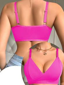 Solid Color Patchwork Front-Open Wireless Bra For Women - Hot Pink - View 5