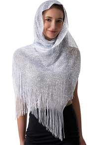1pc White Metallic Shiny Shawl, Elegant Lightweight Breathable Tassel Scarf, Women's Party Dress Outerwear,Beach,Holiday,Accessories,Travel Essential - White - View 3