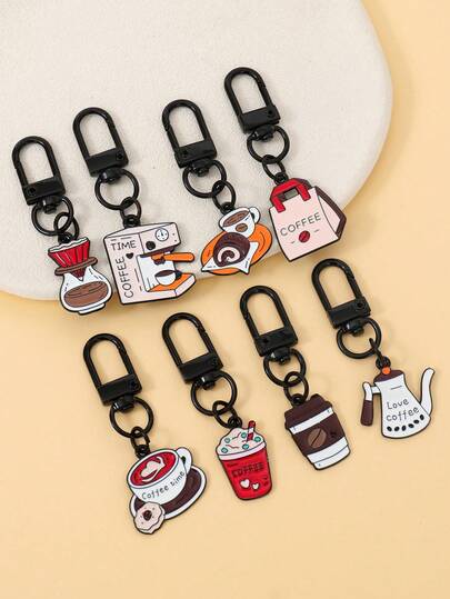 8件套黑色咖啡主题钥匙扣挂件，咖啡杯、咖啡机、下午茶甜点珐琅挂件，小巧精致，可作钥匙扣、包包挂件，是返校礼物、夏季礼物、生日惊喜或派对小礼物的完美之选。