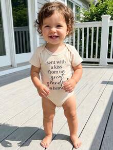 Infant Baby Summer Jumpsuit Letter Print Short Sleeve Round Neck Romper Cute Bodysuit - Apricot - View 2