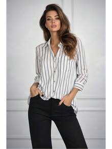 Women's Long-Sleeved Striped Linen Shirt, Brightly Colored - 白色 - 查看 1