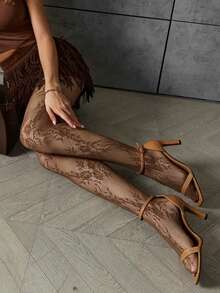 1 Pair Plus Size French Brown Lace Floral Fishnet Shiny Pantyhose, Sexy Parisian Fashion Style For Women, Suitable For Daily Wear, Party, Date, And Commute - Multicolor - View 4
