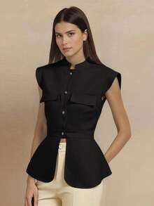 Amyenjoylife Modern Filipiniana Sleeveless Stand Collar Button-Up Peplum Top, Black - 黑色 - 查看 5