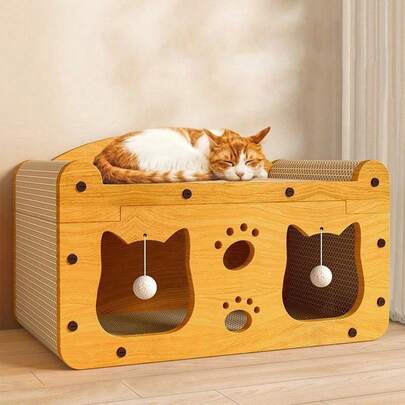 2-Tier Cat Scratching Post With Hanging Ball Toy, Multi-Functional Cat House With Sleeping And Activity Areas, Suitable For Multiple Cats And Kittens