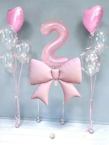 12件套生日装饰套装，包括：大型粉色蝴蝶结铝箔气球、40英寸粉色0-9数字气球、18英寸粉色心形气球、透明乳胶气球（含气球丝带），适用于生日派对、周年纪念装饰。 - 粉色 - 查看 2
