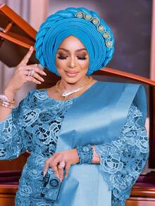 1pc Royal Blue Satin Braided Gele Turban For Women, Rhinestone Embellished African Headwrap For Wedding & Party Occasions - A - 查看 21