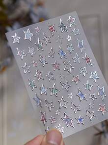 1片5D星星美甲贴纸，白色、粉色、蓝色、激光银、金色星星美甲贴纸，不对称星星美甲贴纸，自粘美甲用品及装饰品，女士适用 - 彩色 - 查看 3