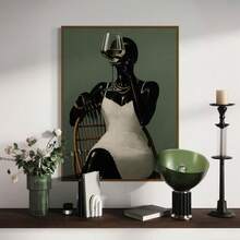 1幅带框/不带框非洲风情时尚帆布海报，描绘一位手持葡萄酒的非洲女孩，风格波西米亚奢华，酒吧推车造型，墙面艺术印刷品，美观别致，适合公寓、客厅、卧室、现代家居装饰。 - A - 查看 2