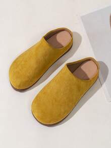 黄色麂皮穆勒拖鞋，软底防滑休闲家居鞋，复古百搭通勤鞋，女士款 - 黃色 - 查看 4