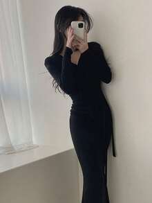 YCYC 女款 V 領前綁帶貼身洋裝，極簡性感風，秋冬款 - 黑色 - 查看 5