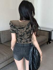 Áo cardigan/áo croptop phong cách đường phố Hàn Quốc mùa hè, dáng ôm, tay ngắn, họa tiết rằn ri, có mũ trùm đầu. - xanh quân đội - Xem 8