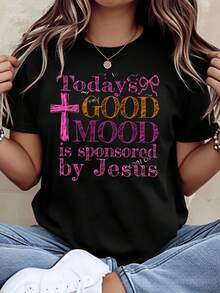 Todays Good Mood Is Sponsored By Jesus Christian Faith Shirt For Women Religious T-Shirt With Cross And Bow Design Inspirational Message Top For Everyday Wear Church Outfit Gift For Believers,220g - 黑色 - 查看 2