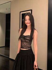 Áo hai dây ren thắt nơ, áo lót không tay ôm sát dành cho nữ. - màu đen - Xem 3