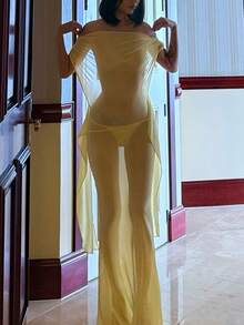 Women's Solid Color Backless Open Shoulder Fitted Sheer Mesh Sexy Dress Elegant Party Summer Yellow - Yellow - View 4