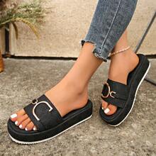 1 Pair Elegant Solid Color Fashion Fabric & Metal Chain Flat Slide Sandals, Suitable For Outdoor Wear In Spring And Autumn - Black - View 5