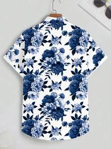 Blue Peony Blossoms Symbolize Elegance Prosperity And Vitality Presenting A Refined Natural Aesthetic 3D Print Casual Short Sleeve Men Shirt Summer Hawaiian Style Button Down Top - 白色 - 查看 2
