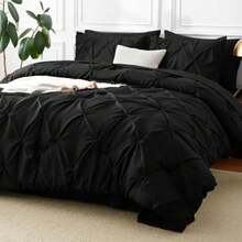 Queen Comforter Set Black 7 Pieces Pintuck Bed in A Bag Premium Black Comforter Queen Size Pinch Pleat Bedding Sets with Comforter Sheets Pillowcases and Shams - Negro - Ver 2