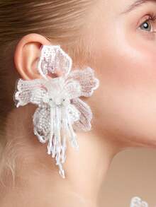 Women's Lace Flower Earrings, French Retro Crystal Tassel Earrings With Multi-Layer 3D Floral Petals, Goddess Side Profile Enhancer For Dates And Everyday Wear - White - View 1