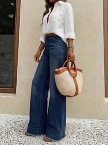 Nuevos pantalones vaqueros de pierna ancha de ajuste holgado y de alta calidad para mujer, cómodos para uso diario, para todas las estaciones, primavera - Negro - Ver 10