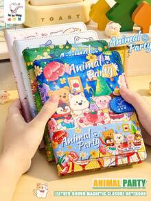 High-Quality Stationery Notebook, Cute Leather Cover Magnetic Closure Notebook, Student Portable Notebook With Cartoon Stickers, Colorful Pages Diary Notebook, Daily Journal Notebook With Exquisite Stickers - 1 Set - View 2